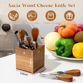 Hushee 42 Pcs Charcuterie Boards Accessories with Magnetic Acacia Wood Holder Wooden Cheese Knife Set for Wood Handle Butter Knives for Cheese Knife Slicer with Tongs, Spoons, Forks, Honey Dipper