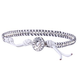 KELITCH Silver-Plated Metal Nugget Bead White Leather Wrap Bracelet