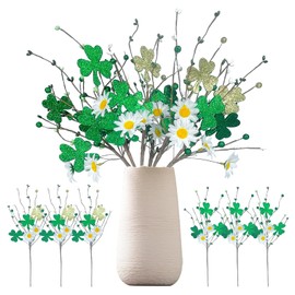 LOOMI 6 Pack St. Patrick's Day Branches Floral Picks Decoration with Green Shamrock Berries – Irish Themed 16 Inch Artificial Plants Flower Stems for Centerpieces