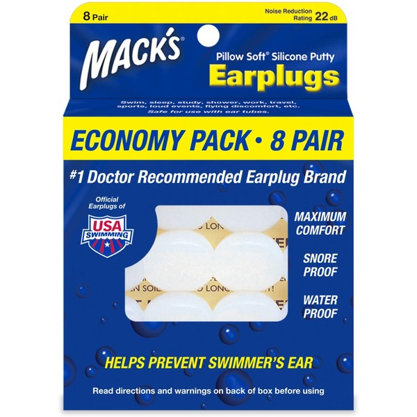 Mack’s Pillow Soft Silicone Earplugs – 8 Pair, Economy Pack – The Original Moldable Silicone Putty Ear Plugs for Sleeping, Snoring, Swimming, Travel, Concerts and Studying