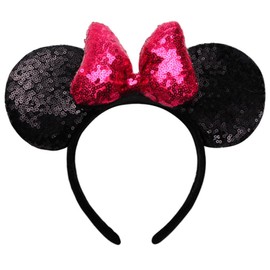 Dolebao 3D Mouse Sequin Ears Headband, Glitter Sequin Bow Hairbands Costume Headwear Hairs Accessories for Women Girls Kids(Black/Rose)