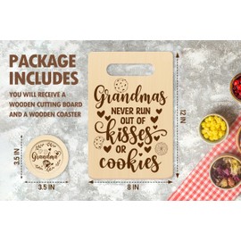 Gifts For Grandma, Grandmas Never Run Out Of Kisses Or Cookies Cutting Board Set, Birthday Gifts For Nana, Chopping Board With Coaster, Mothers Day Grandparents Day Christmas Kitchen Favor -11