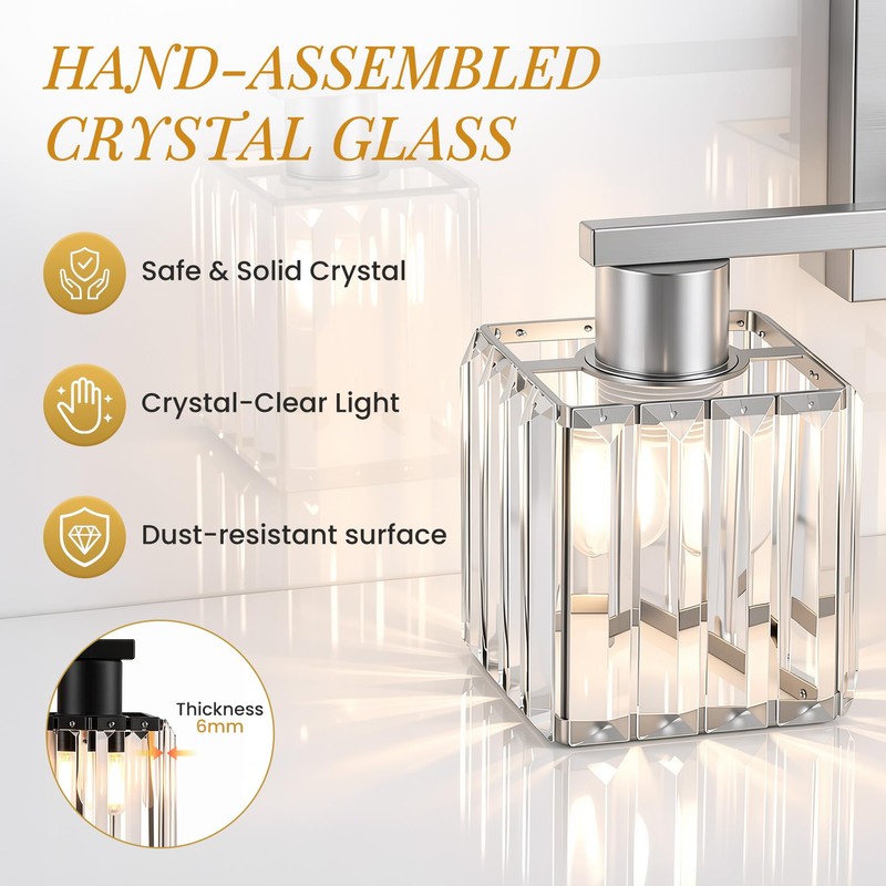 TimberAura Crystal Bathroom Light Fixtures, 3-Light Brushed Nickel, Vanity Lights