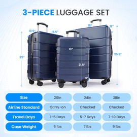 Simple Deluxe 24 Inch Hardside Carry On Luggage, Suitcase with Double Spinner Wheels & TSA Lock, Hard Shell, Expandable Rolling Lightweight, Blue
