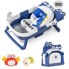 TPN Collapsible Baby Bathtub for Infants to Toddler with Real-time Temp Monitor+Floating Cushion,Foldable Baby Bath Tub Set Applicable 0-36 Month,Perfect Portable Travel Baby Tub for Newborns Boy