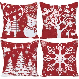 Wilproo 4 Pack Xmas 22X22 Pillow Cover Red Merry Christmas Snowflake Pine Tree Deer Decorative Throw Pillow Covers Pillowcases for Home Sofa