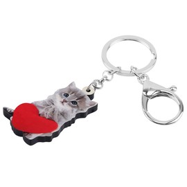 DUOWEI Cute Couple Grey Cat Kitten Keychain Acrylic Pet Keyring Purse Decoration for Women Teen Girl Charm Gift (Red and Grey)
