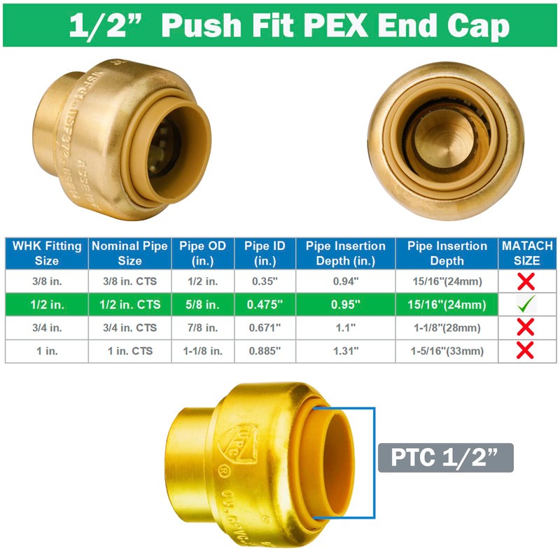WHK 12 PACK 1/2" PEX Plug End CAP,Copper Cap 1/2"