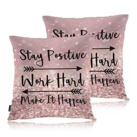 Swono Quote Set of 2 Square 18x18 Inch Throw Pillow Cover Stay Positive Work Hard Make It Happen Soft Pillowcases Arrow Cushion Covers for Home Sofa Couch Garden Bench Living Room Car Glitter Pink