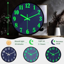 VECELO Night Light Wall Clocks Silent Clock Non-Ticking 12 Inches Clock, Glow in Dark Clock for Home Bedroom Kitchen Living Room, Blue