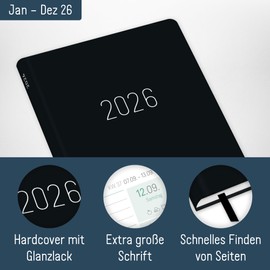 Häfft® Large Print Calendar 2026 with Extra Large Font & Numbers - Hardcover Weekly Planner "Black" - Sustainable & Climate Friendly