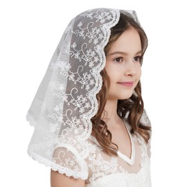 Flowergirl Velo de primera comunión, velo de encaje con borde floral para Grils F5, Marfil, 20"Lx8.3"W