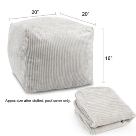 Sexysamba Square Corduroy Pouf Cover Only, 20"x 16" Unstuffed Decorative Ottoman Foot Stool Rest, Washable Storage Bean Bag Chair Floor Pouf Covers for Living Room Bedroom, Grey
