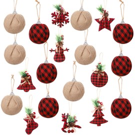 20 Pcs Rustic Christmas Tree Ornaments Set 2.5 Inch Hanging Burlap Plaid Ball 3.1-6 Inch Red Black Buffalo Check Farmhouse Christmas Ornaments Country Christmas Decor Rustic Ball for Xmas Decorations