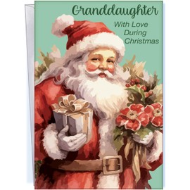 Chuck's Card-O-Rama Granddaughter Christmas Card - Large Card Opens to 10" x 7.75" - MADE IN CHICAGO - Nostalgic Santa Claus With Gifts - Premium Envelope & Sturdy Mailer - A CLASSIC 1017