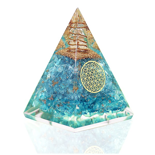 Orgone Pyramid - Aquamarine Crystal Attract Courage Youth Energy - Raw Clear Quartz Orgonite Crystal Pyramid Positive Energy- Crystal Healing Aquamarine Gemstone Pyramid - Stress Relaxation