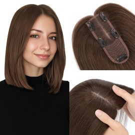 Hairro Human Hair Topper, Clips in 100% Real Hairpieces for Women, 2.25"x6" Silk Base Lightweight, Invisible Natural for Covering Thinning Hair/Adding Volume, 8 Inch Classic Brown