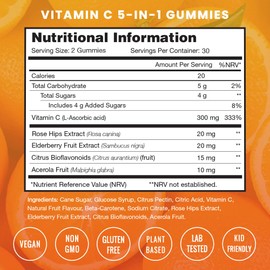 Vitamin C Gummies for Adults & Kids, 5-in-1 Immune System Support with Elderberry, Rosehips, Citrus Bioflavonoids & Acerola Cherry, Immunity Booster Supplement