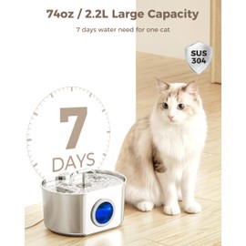 Cat Water Fountain Stainless Steel - Pet Drinking Fountain for Cats Indoor - 2.2L/74oz Automatic Water Dispenser with Watering Level Window (1 Filter)