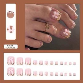 Short French False Toenails - 24pcs French Brown Leopard Edge Toe Nail Tips with Bow - Press On Toe Nails - Glossy Stick On Toe Nails with Glue - Full Cover Toe Nail Tips for Women