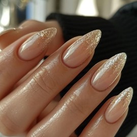 IQXGE Nude Acrylic Press on Nails Almond Medium Acrylic Nails Press Ons Almond Full Cover Glue on Fake Nail with Gold Glitter Designs Artificial Stick on False Nail for Women