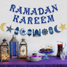 Ramadan Kareem Banner - Ramadan Kareem Decoration, Star and Moon Garland Blue Ramadan Party Supplies Hajj Eid Mubarak Party Muslim Islam Eid Celebration Decoration 2 Pack