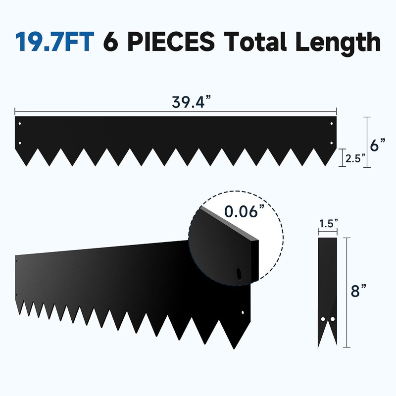 19.7Ft.Galvanized Steel Landscape Edging(6-Pack)-6"x39.4" Metal Garden Edging,7 Clips&Gloves,Hammer-in,No Dig,Rustproof,for Landscaping,Tree