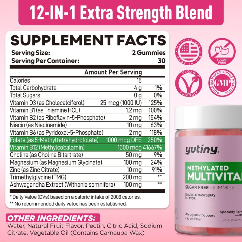 Yutiny Methylated Multivitamin for Women Gummies, Methyl B Complex Vitamins