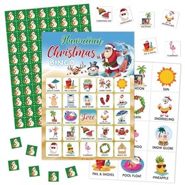 Hawaiian Christmas Bingo Games For Adults, Beach Santa Bingo Cards For July Christmas, Tropical Luau Party Decorations Favors Supplies, Summer Beach Pool Party Game Cards For Family Friends -11