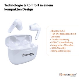 MusicMan Bluetooth In-Ear Headphones with Charging Box - TWS Earbuds with Microphone, Touch Control, USB-C, 16h Runtime, 300h Standby, White - True Wireless BT-X63