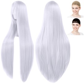 CaseEden 6128 Premium Cosplay Wig, Smooth, Long Hair, 39.4 inches (100 cm), Silver, Silver Hair