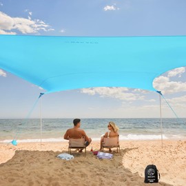 WEKAPO Beach Tent Sun Shelter - Easy Setup Beach Canopy with 4 Sturdy Poles, Large Sandbags and Shovel, 7'8'' Tall, Windproof Beach Sun Shade for Backyard and Camping, UPF 50+ Protection