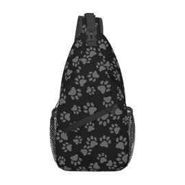 SURERUIM Paw Print Sling Bag Grey Dog Paws Puppy Footprint on Black Background Crossbody Backpack Cute Animal Claws Pattern Chest Shoulder Bag Casual Gym Sports Travel Hiking Daypack for Women Men