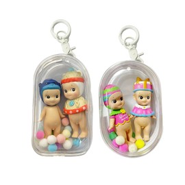 2Pcs Clear Figure Display Case with Keychain for Storage 2 Sonny Dolls, Clear Keychain Pouch Blind Box Display Carrying Case for Mini Figure Doll Collectors