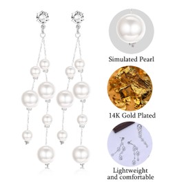 HAIAISO 6Pairs Long Pearl Earrings for Women 14K Gold Plated Tassel Pearl Drop Dangle Earrings Threader Pearl Stud Earrings Jewelry for Bridal Wedding Party(Silver)