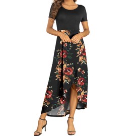 AYIFU Womens Summer Dresses High Low Slit Hem Casual Short Sleeve Maxi Dress with Buttons (Black-Brown Flower, XL)