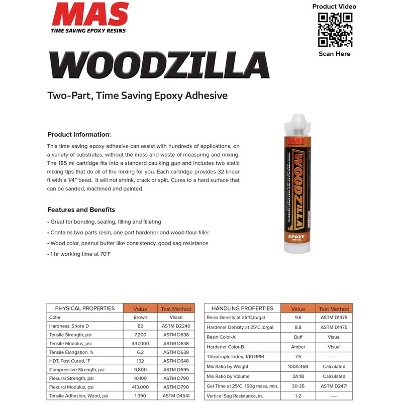 MAS Epoxies Woodzilla, 185 ml, Versatile Wood-Colored Epoxy Paste Solution,