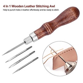 Stitching Awl, 4 in 1 Wooden Handle Leather Stitching Sewing Awl DIY Leathercraft Hole Punch Tool