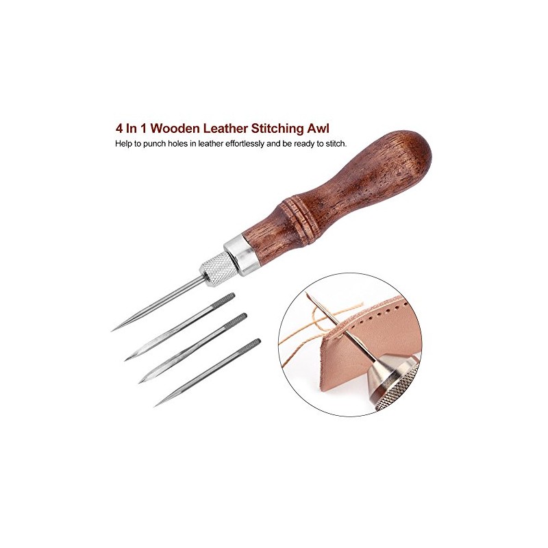 Stitching Awl, 4 in 1 Wooden Handle Leather Stitching Sewing