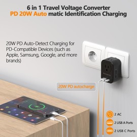 Shayangyoung 220V to 110V 20W PD Voltage Converter US to Europe International Universal Travel Adapter with 2 USB-A 2 USB-C Port Worldwide Power Converters Plug Combo for Spain Italy (Black)