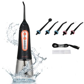 Irrigador bucal inalámbrico para limpieza dental profesional, portátil, recargable, IPX7, impermeable, 5 modos con depósito de agua desmontable de 300 ml, 5 boquillas de repuesto