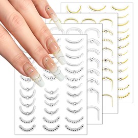 Wanmu 4 Sheet French Line Nail Art Stickers Decals 5D Embossed French Tip Nail Decals with Rhinestone, Golden Stripes Line Transfer Decal Stripes Wave Nails Adhesive Sliders for Nails Art Decorations