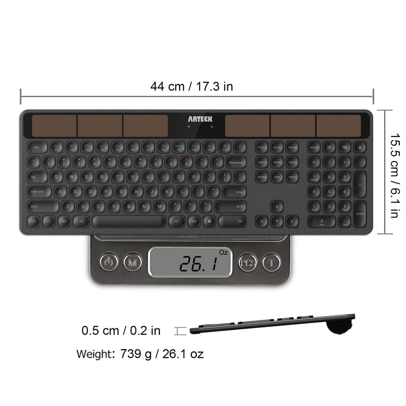 Arteck Wireless Solar Keyboard Full Size Solar Recharging Keyboard for