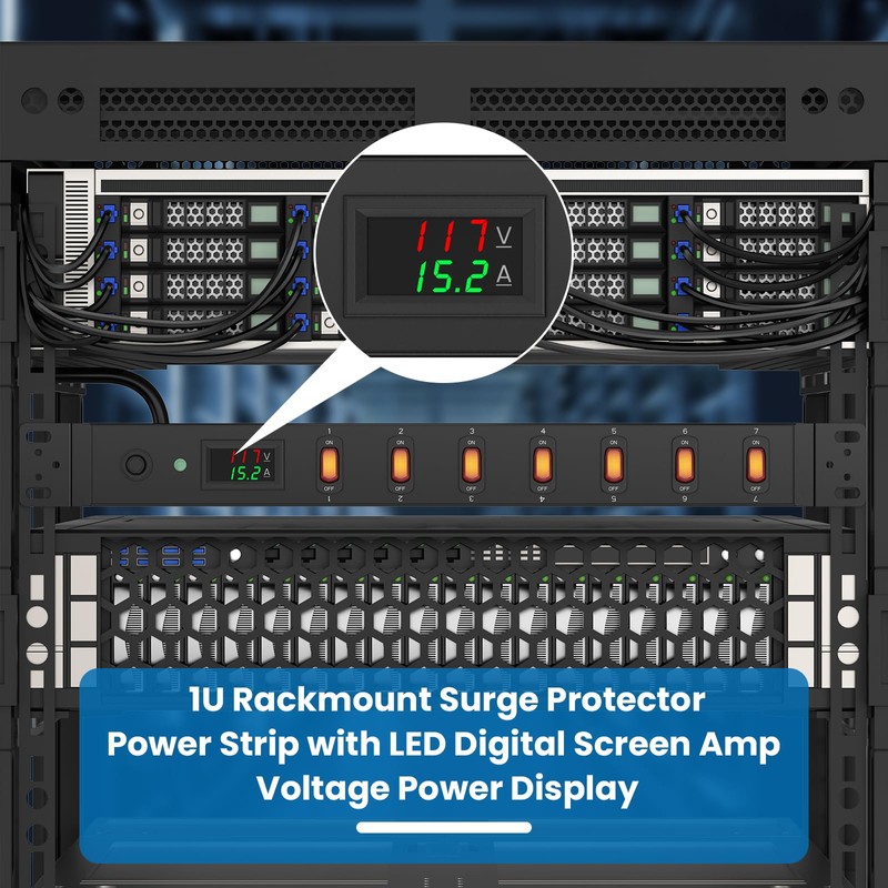 HHSOET 7 Outlet PDU Power Strip with Digital Display, 1U,