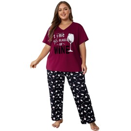 Vozanet Women's Pajama Sets Short Sleeve with Long Pant Soft Sleepwear Printed pj Loungewear With TWO Pockets Size 1X to 5X, Red Wine Glasses, XX-Large
