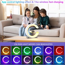 DEECOZY Multi Functional Wireless Charger Atmosphere Lamp, Intelligent Bluetooth Speaker LED Table Lamp,256 Lights Mode Dimmable Night Light Bedside Lamp Alarm Clock with Music Sync App Control(White)