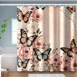 Dreamrflove Butterfly Shower Curtain, 1 Piece Pink Butterfly Floral Bathroom Decor, Bathroom Shower Curtain Sets,72x72 Inch Waterproof Polyester Insulated Home Decor