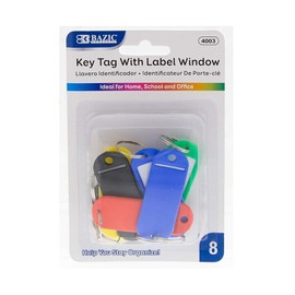 BAZIC Key Tag Label Window, Assorted Color Tags, Plastic Key Holder Key Ring, Identifier Name Number Address Information Label Card (8/Pack), 1-Pack