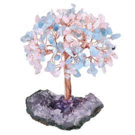 mookaitedecor Natural Rose Quartz & Aquamarine Crystal Tree with Amethyst Cluster Crystal Base Money Tree Figures Feng Shui Desk Decoration Meditation Table Room Decor