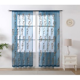 UNTILIDEAL Blue Sheer Curtains Floral Embroidered Bedroom Curtain Rod Pocket Tulle Drapery Window Treatment for Living Room, Set of 2 Panels 54 x 84 Inch